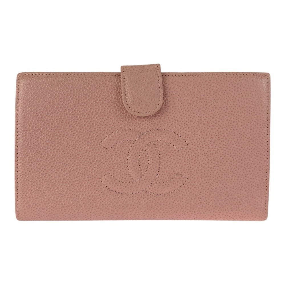 CHANEL Vintage Coco Mark Pink Gold Hardware Leather Long Wallet for Women